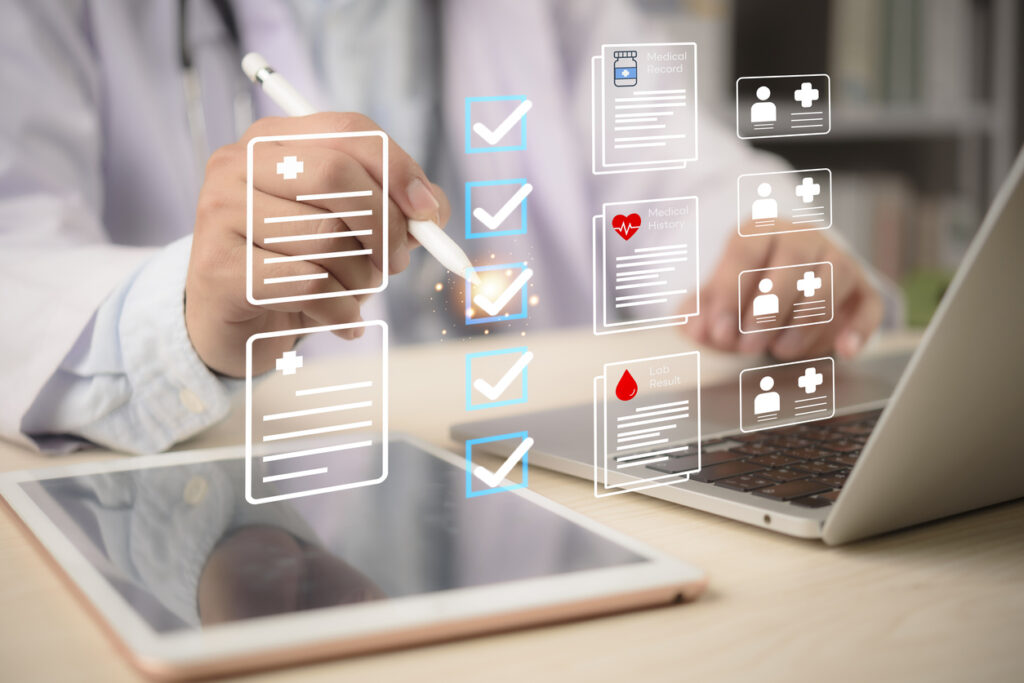 EHR, checklist Doctor taps tablet beside laptop to review medical records and patient data privacy, ticking tasks across history, lab results, and profiles. concept secure digital workflow.
